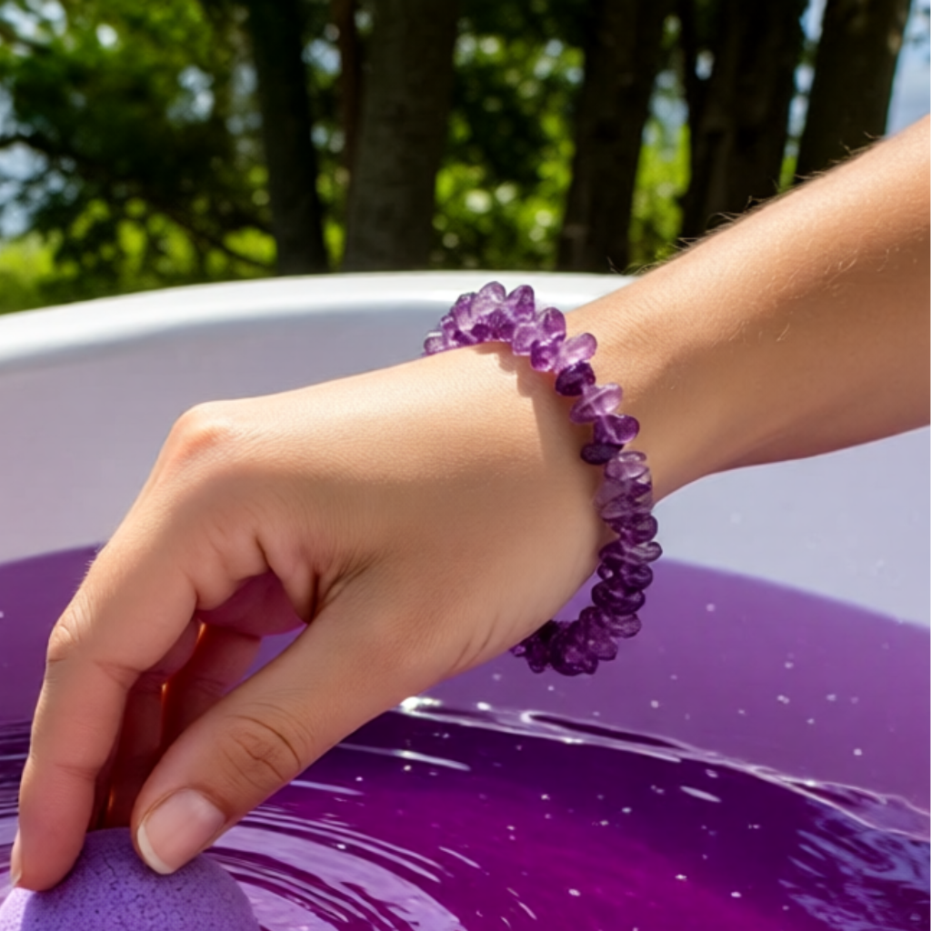 Hand with a purple bath bomb in water 