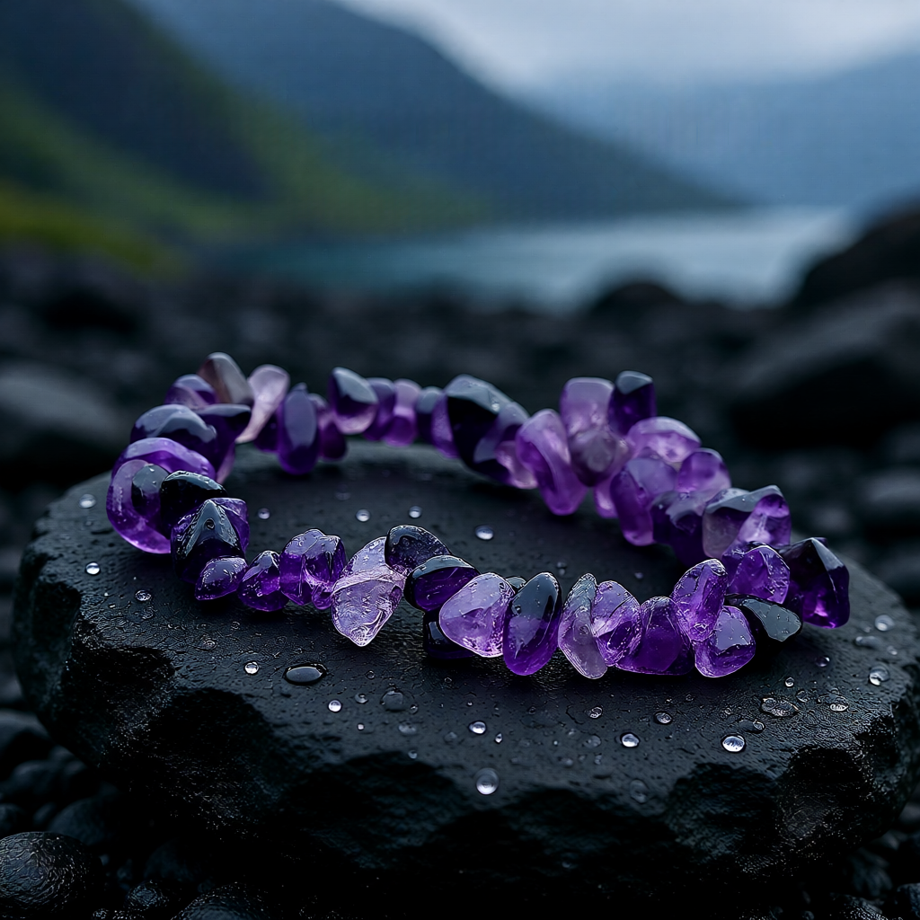 Amethyst bracelet on a dark stone with a blurred natural landscape in the background