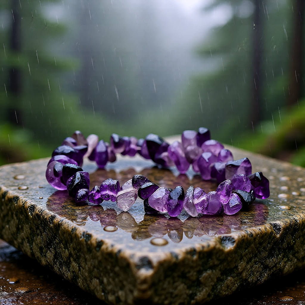 Amethyst crystal bracelet on a wet stone surface with a forest background