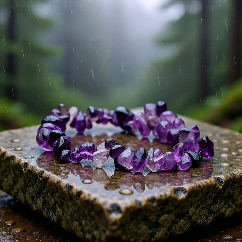 Amethyst crystal bracelet on a wet stone surface with a forest background