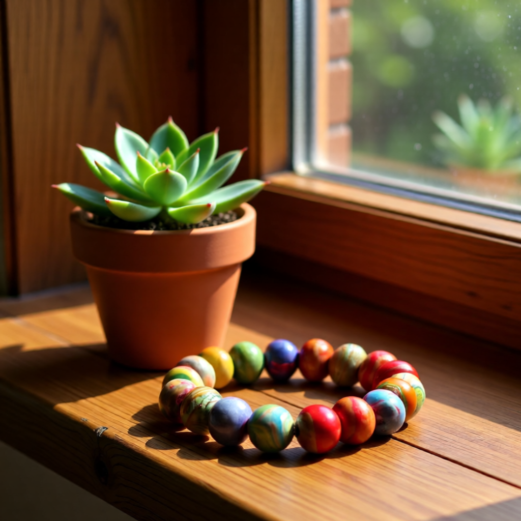 Colourful beaded bracelet on a wooden surface with a potted succulent and window in the background.
