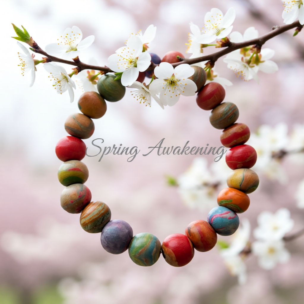 Multi-coloured beaded bracelet on a branch with white flowers, 'Spring Awakening' text.