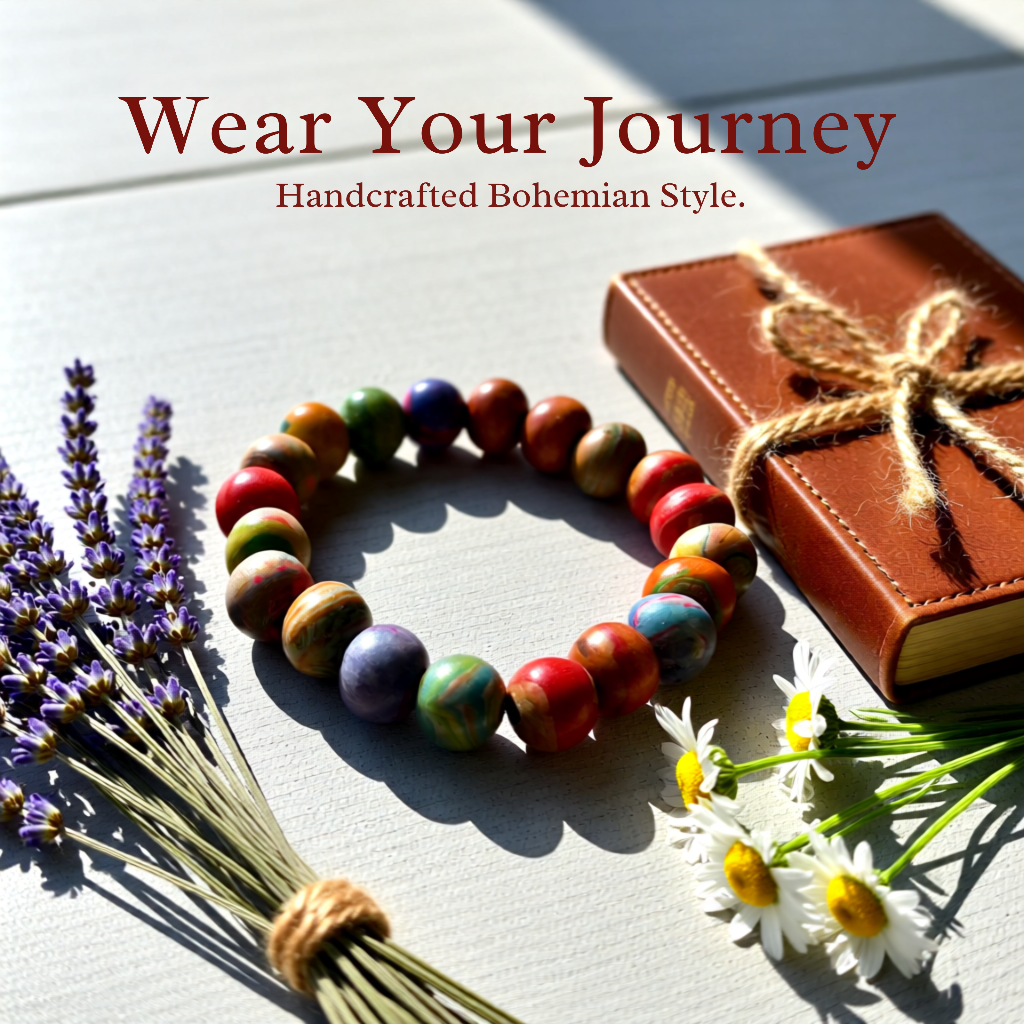 Colourful wooden beaded bracelet with a book, lavender, and daisies on a light surface.