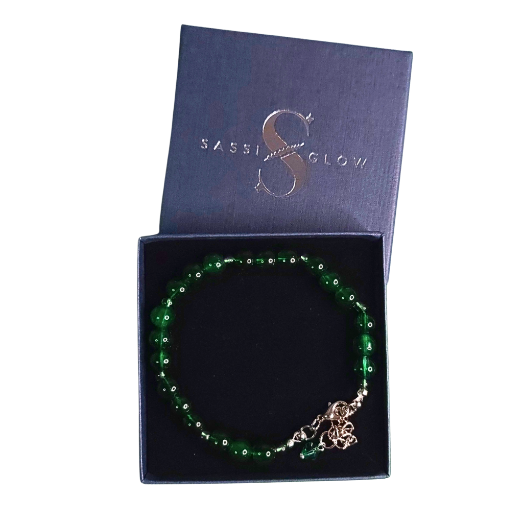 Dark Green Glass Bead Bracelet in a Sassiglow gift box