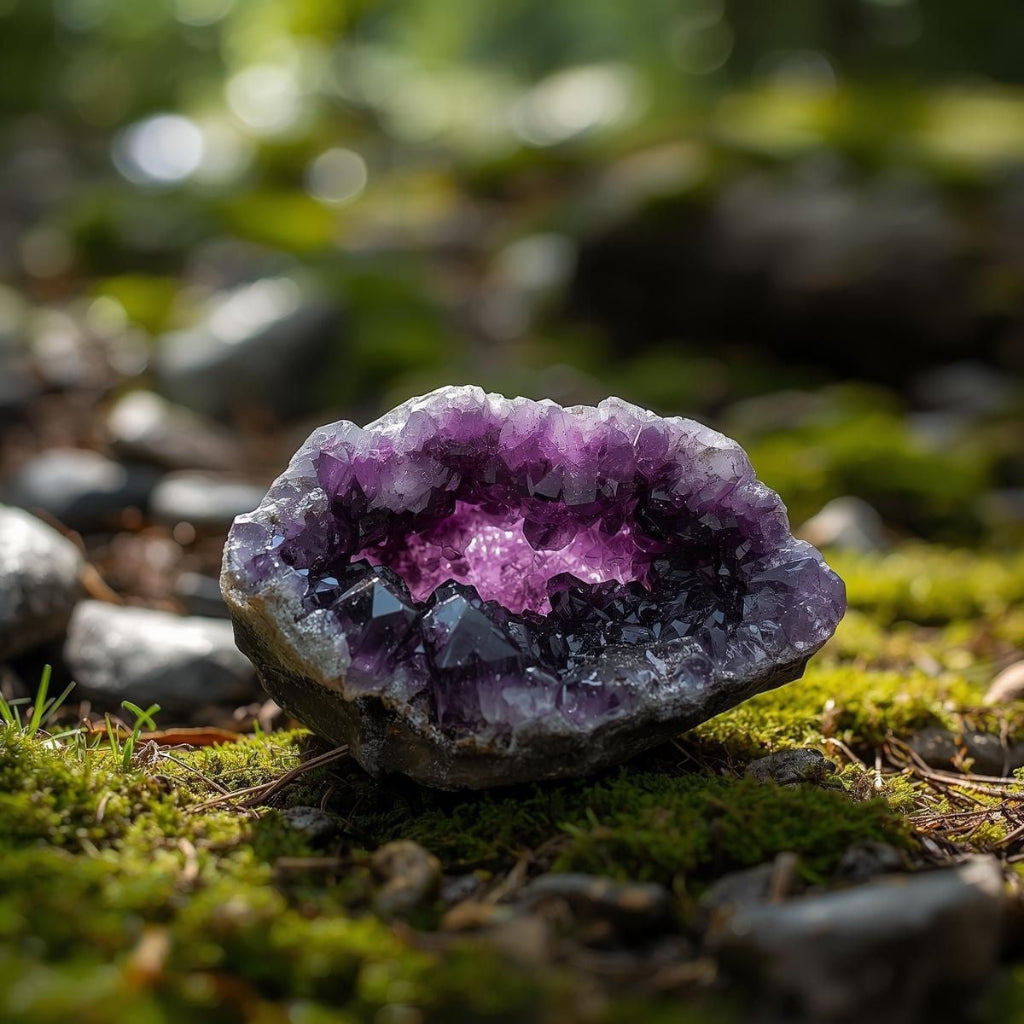 Amethyst crystal on a mossy ground with blurred natural background