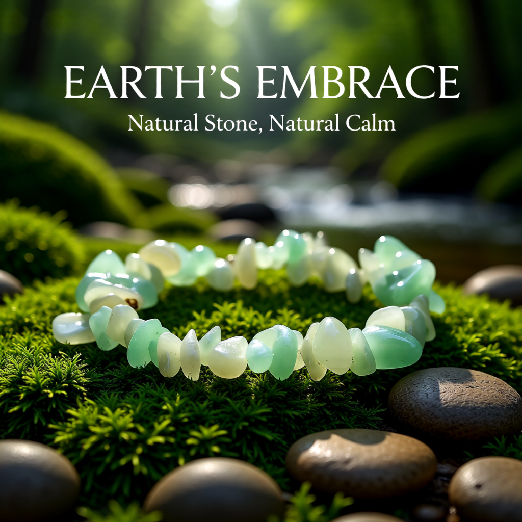 Green stone bracelet on green moss with 'Earth's Embrace' text
