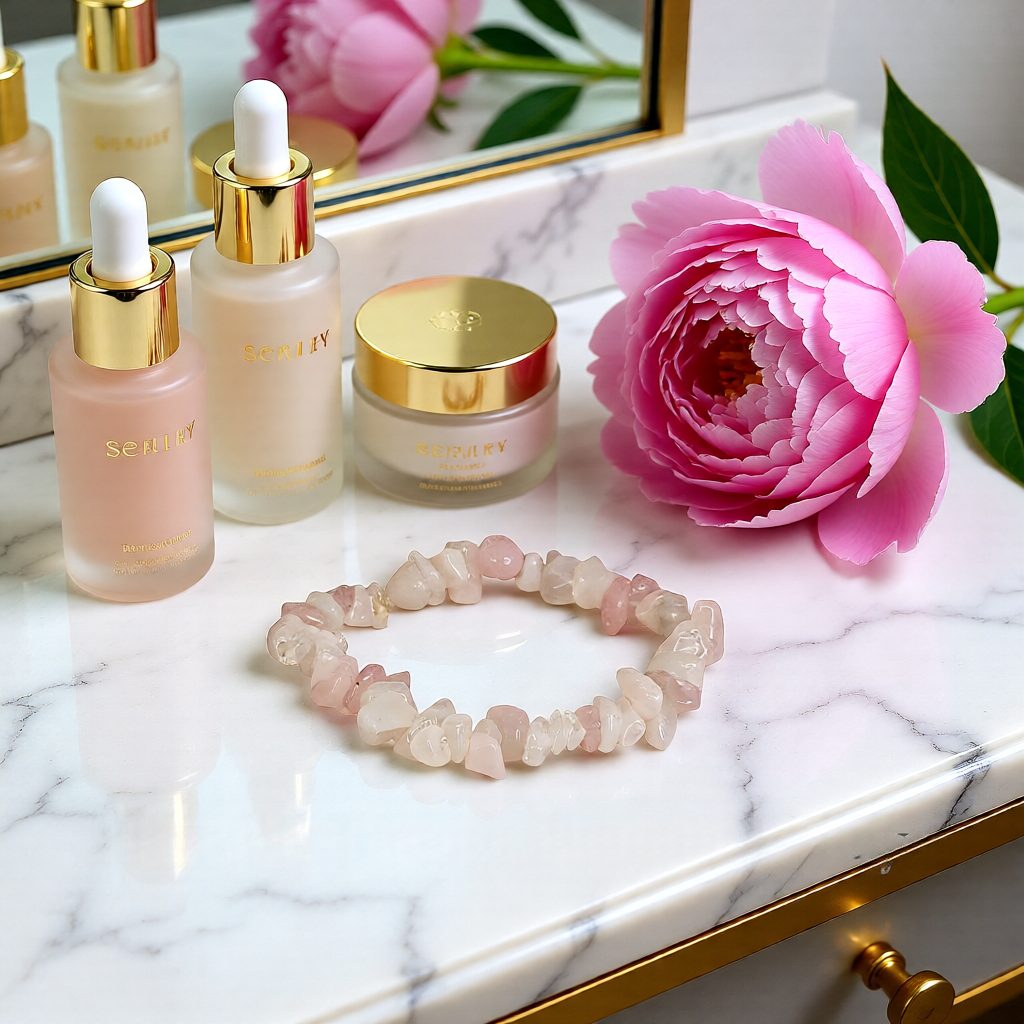 Cosmetic products including bottles and a jar on a marble surface with a pink flower and bracelet.