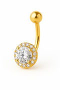 Gold belly button ring with a clear gemstone on a white background