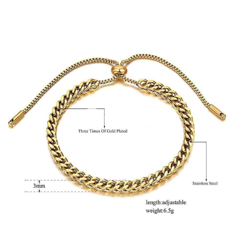 Gold chain bracelet with adjustable design on a white background