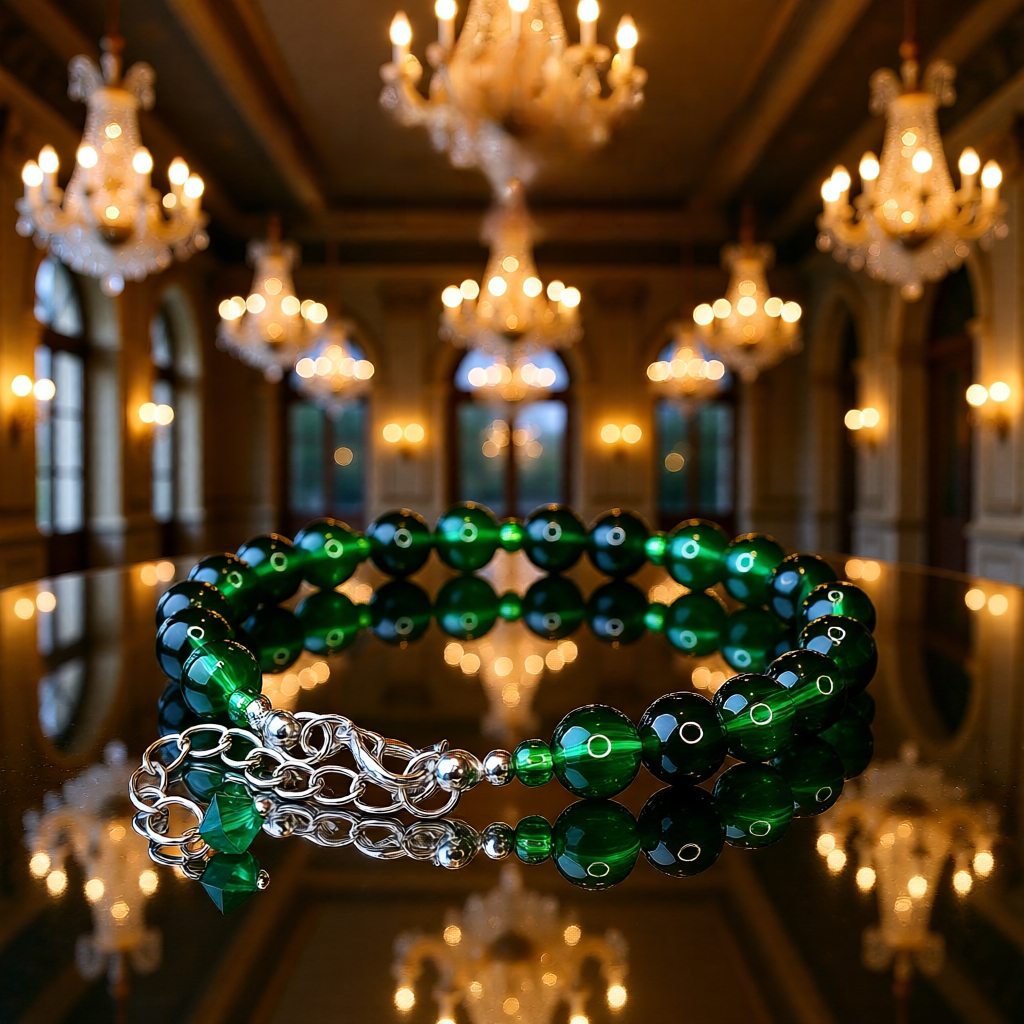 Green beaded bracelet with silver chain on a reflective surface with chandeliers in the background