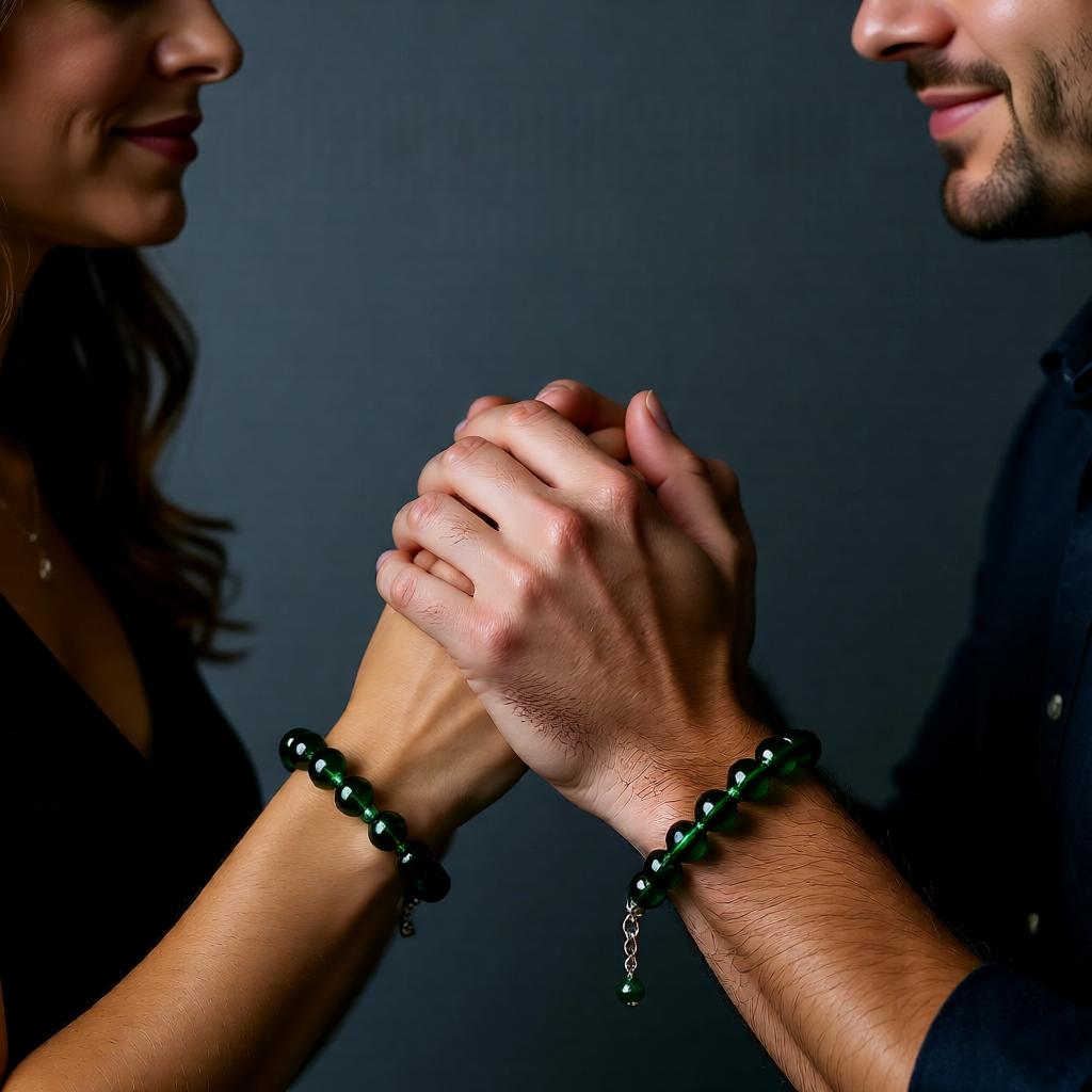 Two people holding hands with green beaded bracelets against a dark background