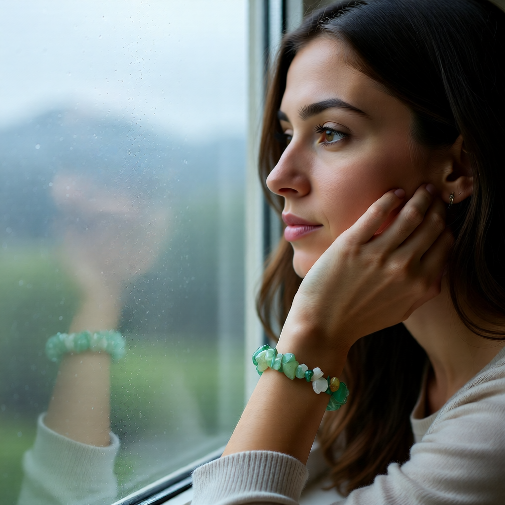 Woman looking out a window with raindrops on the glass, wearing green bracelets.