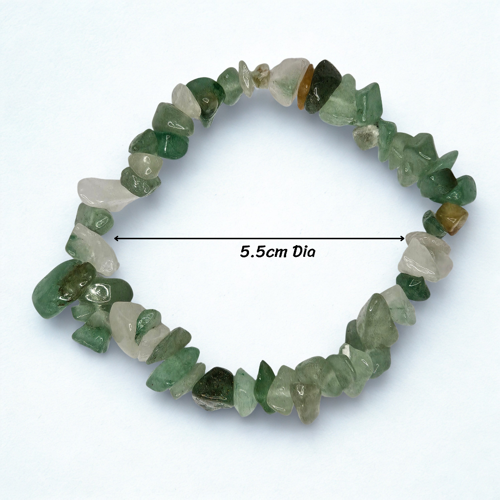 Green stone bracelet with a measurement label on a white background