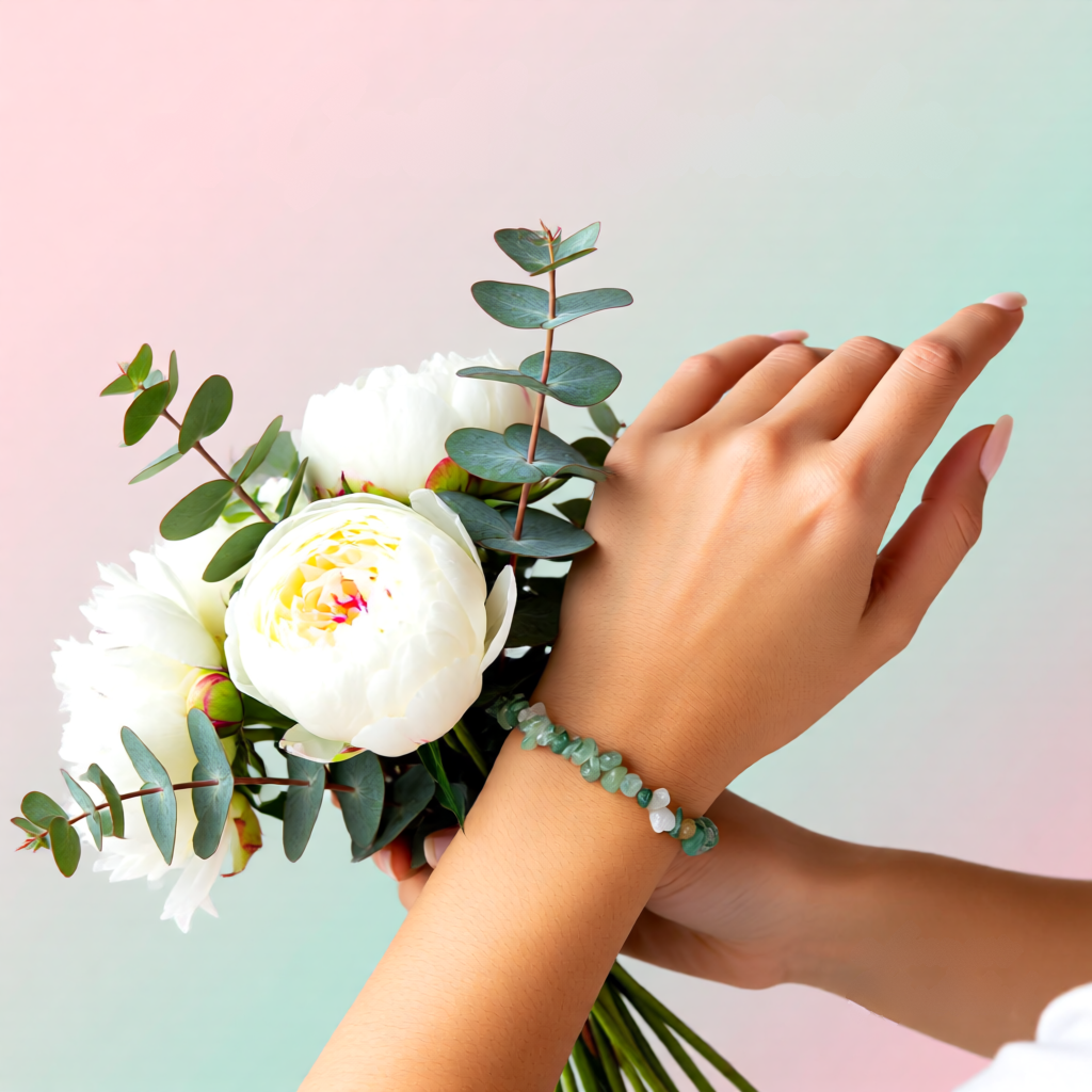 Hand holding a small bouquet of flowers with a blurred background