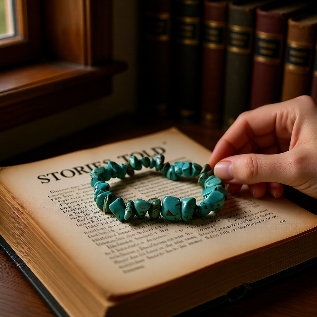 Turquoise bracelet on an open book with a hand holding it, set against a background of books.