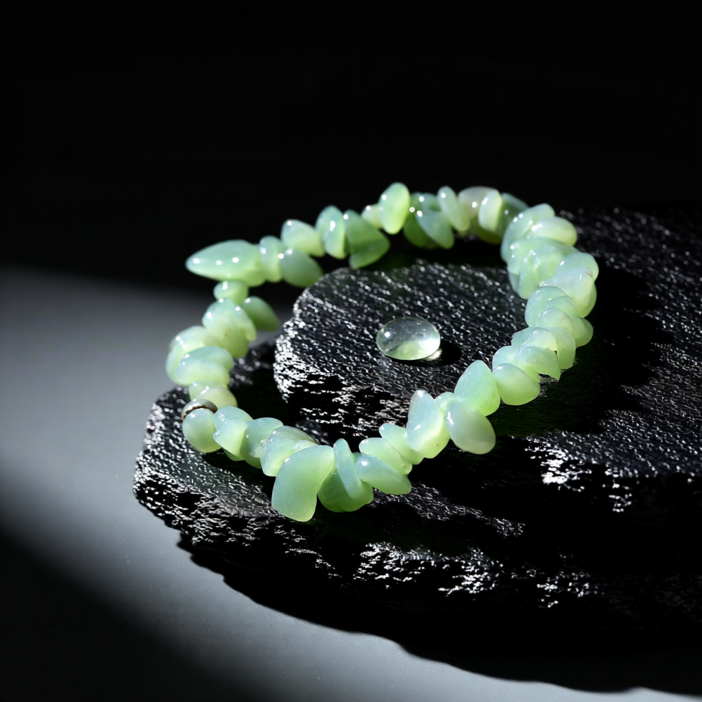 Green beaded bracelet on a dark surface