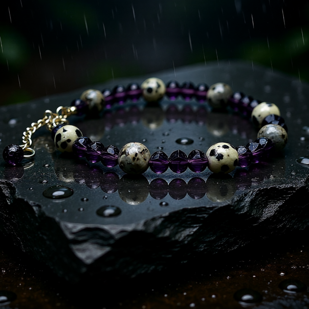 Bracelet with purple and gold beads on a dark stone surface with raindrops