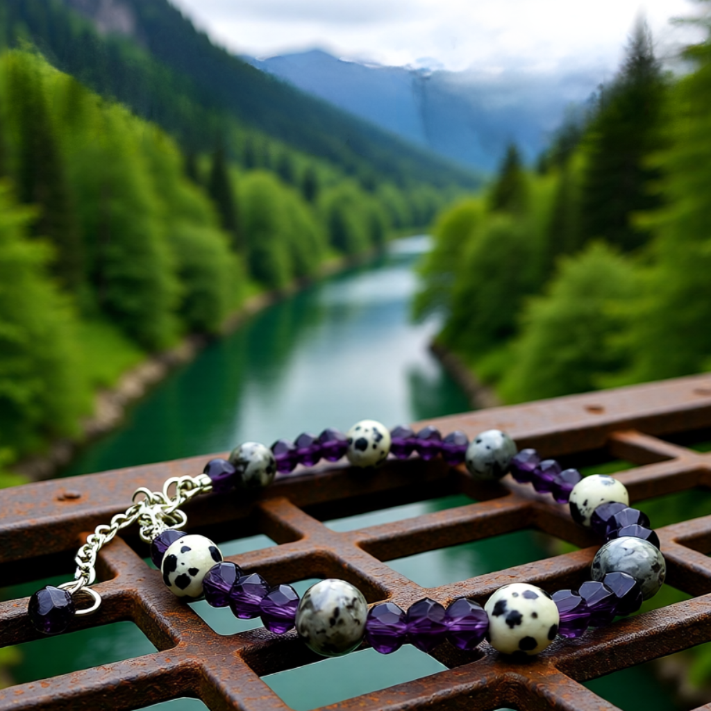 Bracelet with purple and white beads on a metal grate with a forest and river background