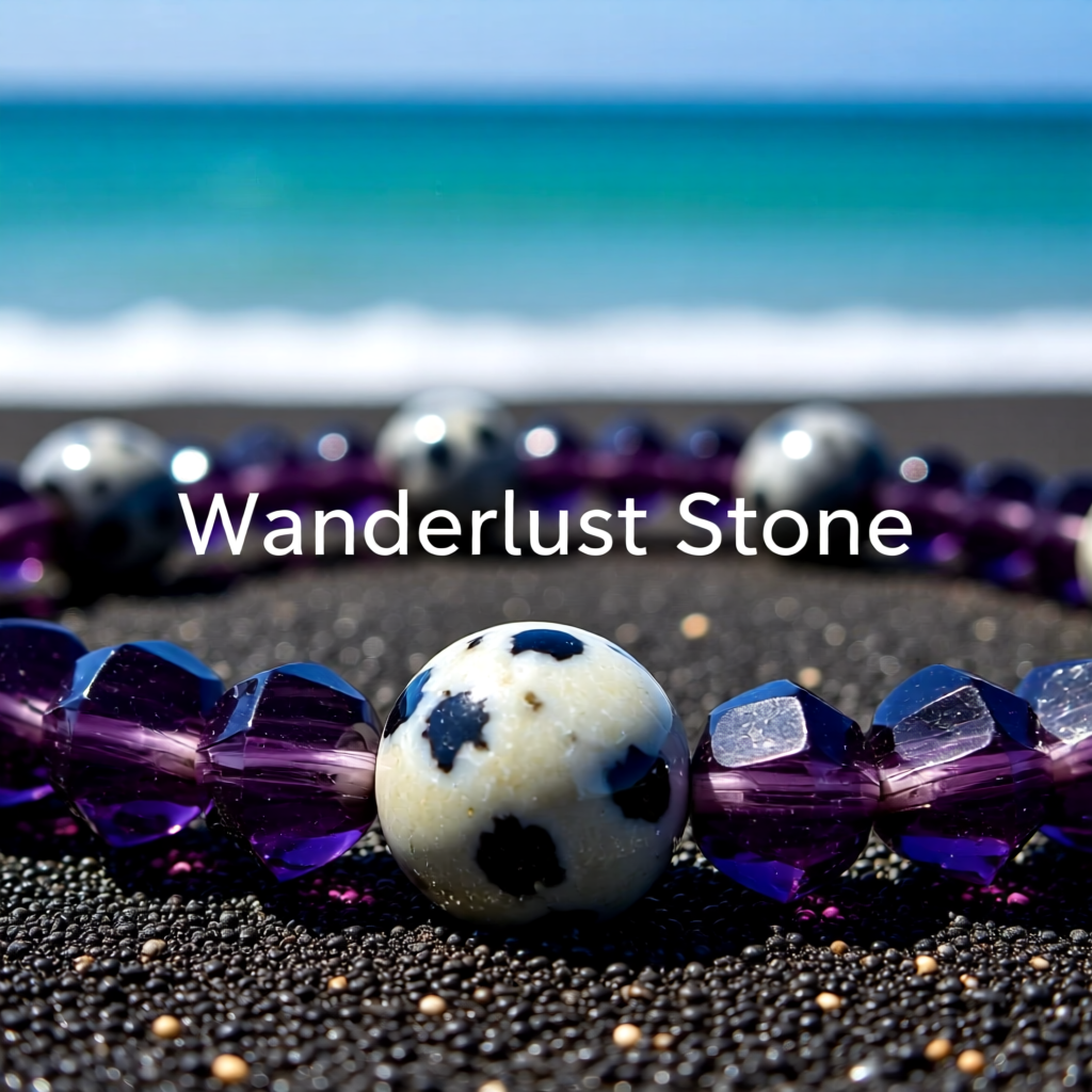 Beaded bracelet with purple and white Jasper beads on a beach with 'Wanderlust Stone' text.