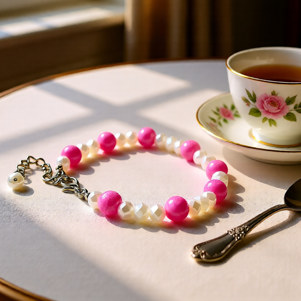 Pink and white beaded necklace on a table with a teacup and spoon