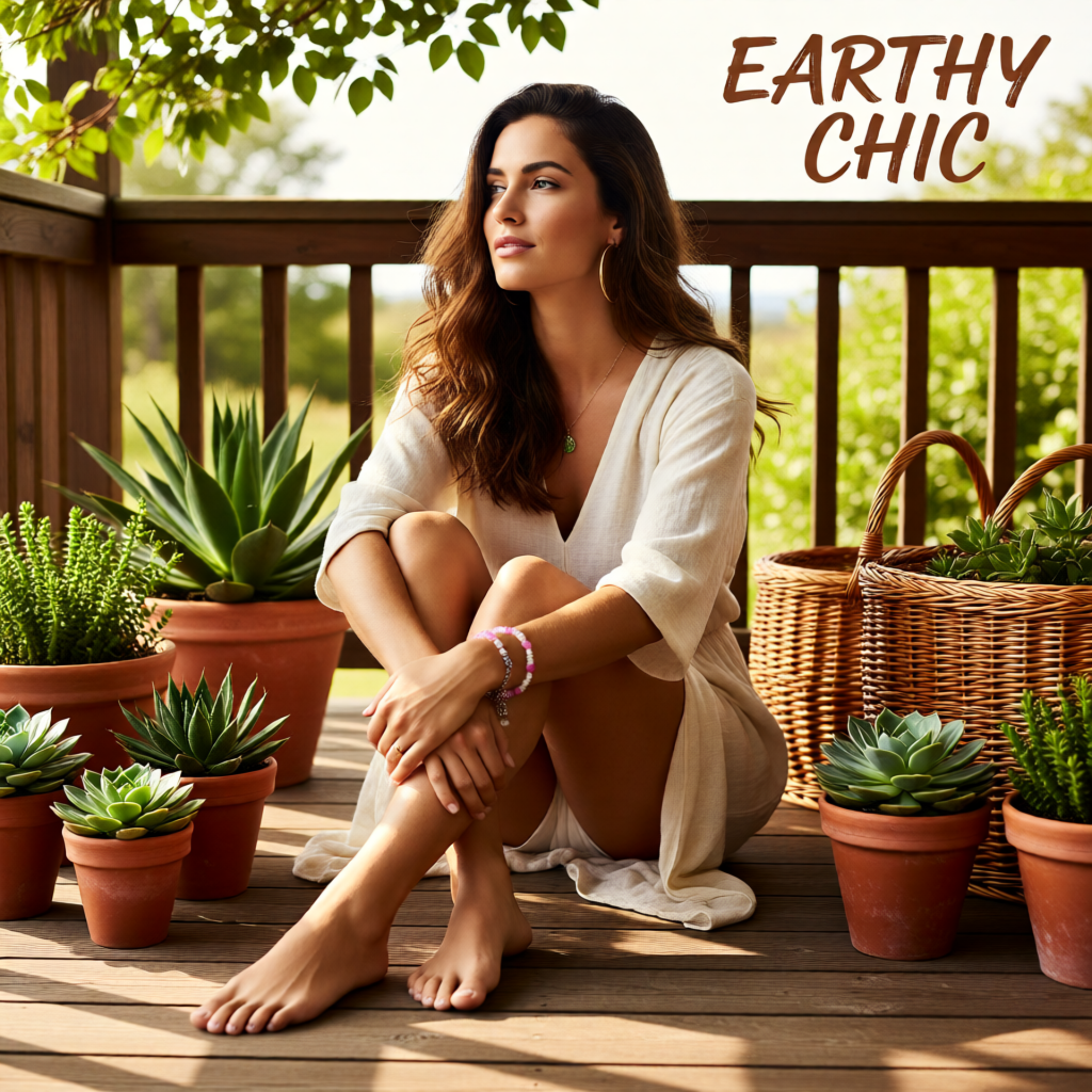 Woman sitting on a wooden deck with potted plants, surrounded by nature.
