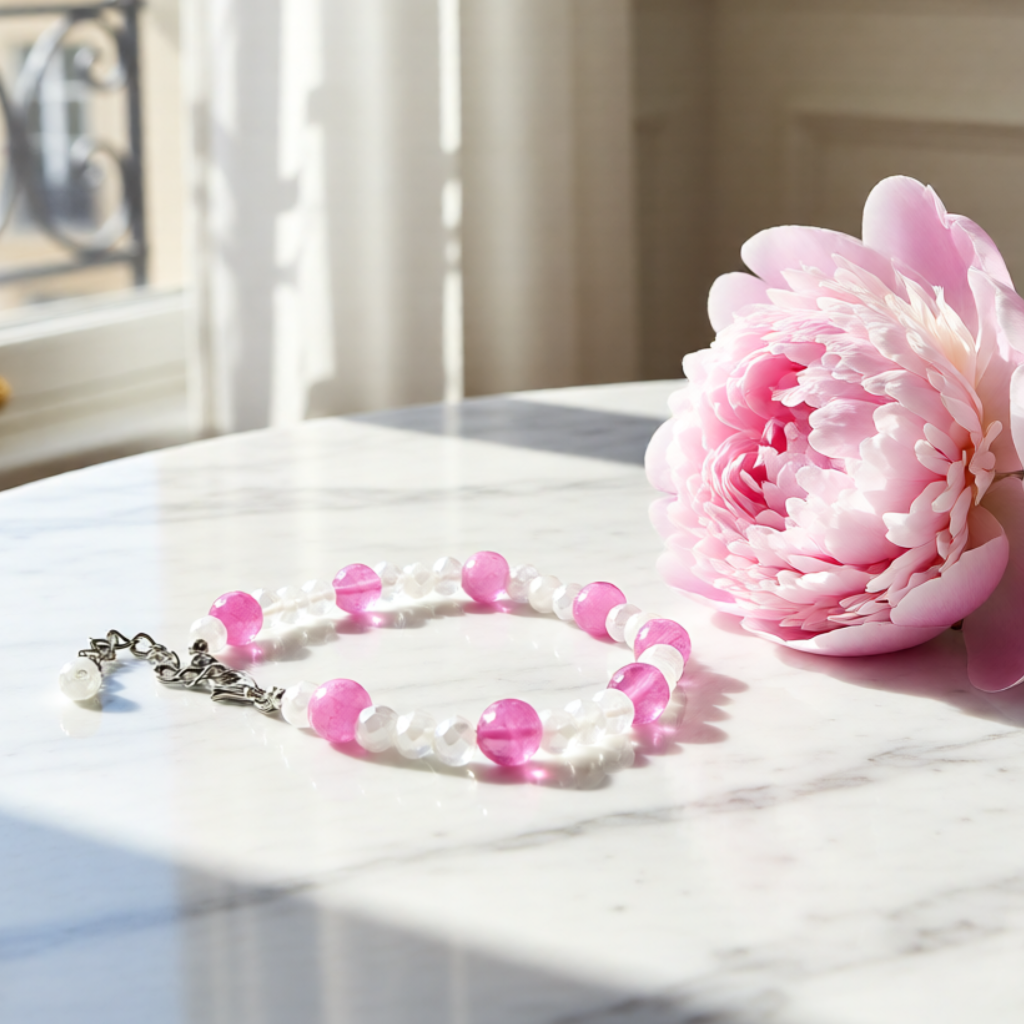Pink and white beaded bracelet next to a pink flower on a marble surface with soft lighting.