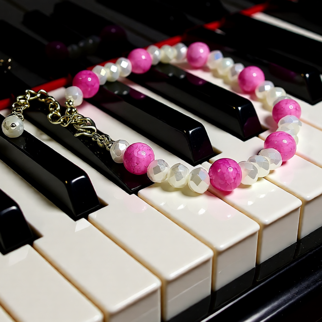 Pink and white beaded necklace on a piano keyboard
