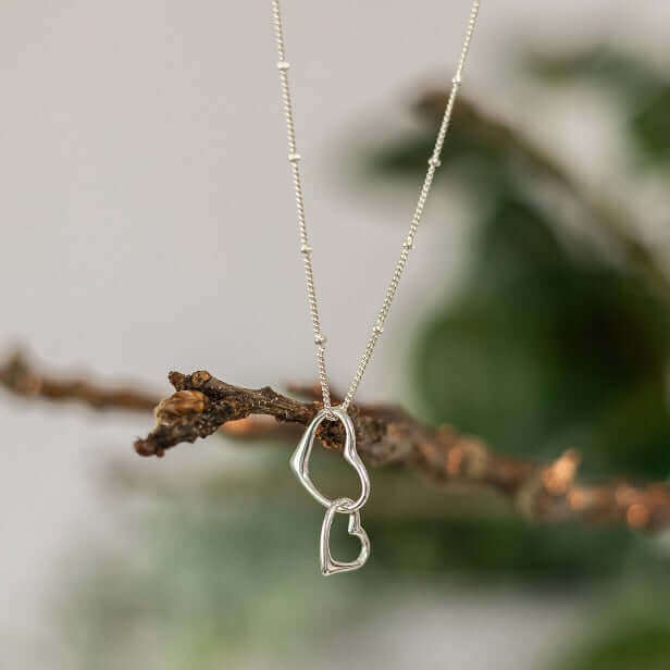 Silver heart-shaped pendant necklace on a branch with a blurred natural background