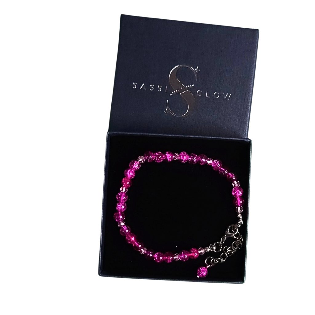 Pink Crackle Glass Bead Bracelet in Sassiglow gift box