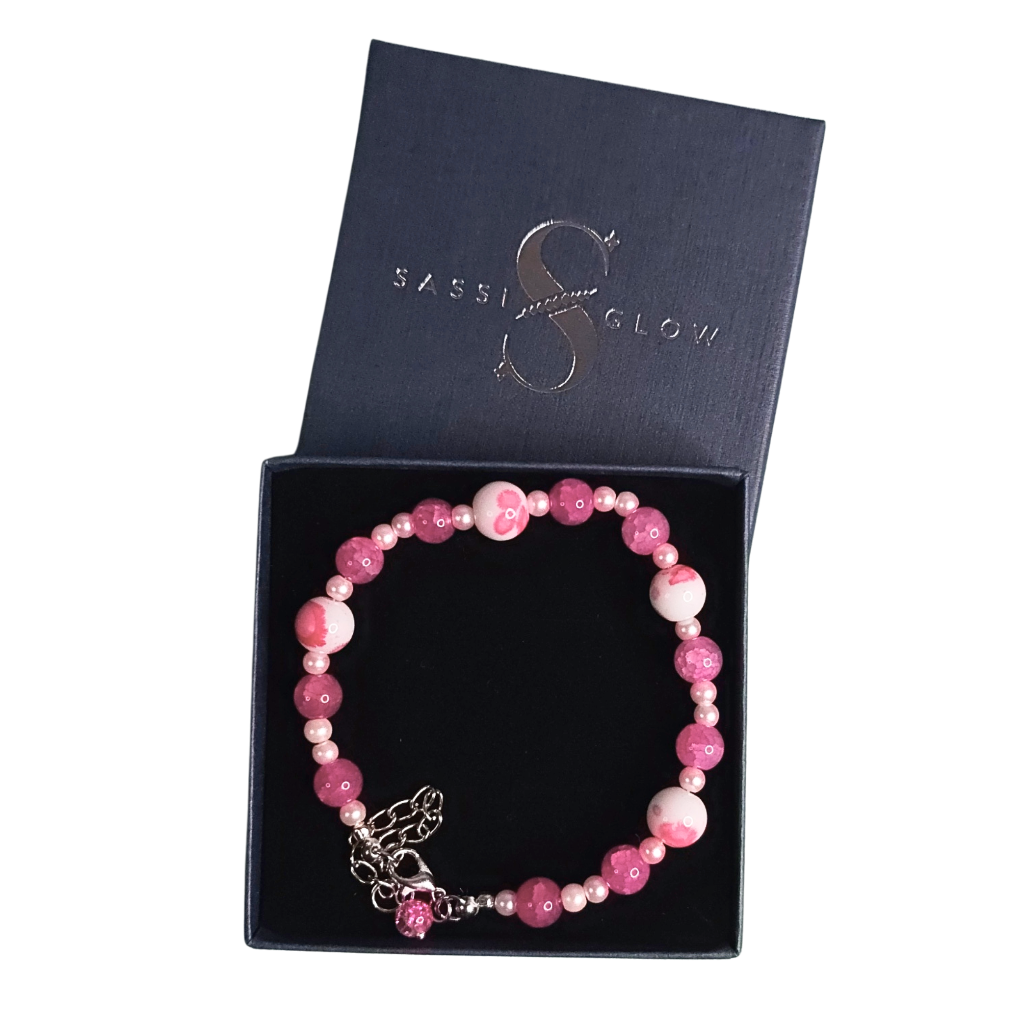 Pink Crackle and Oriental Bead Bracelet in a Sassiglow gift box