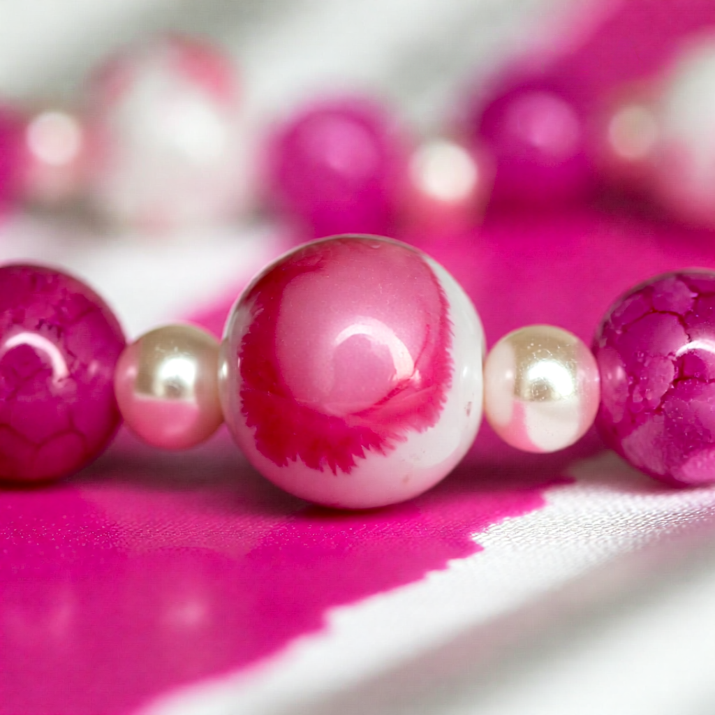 Close-up of pink and white beads on a pink background