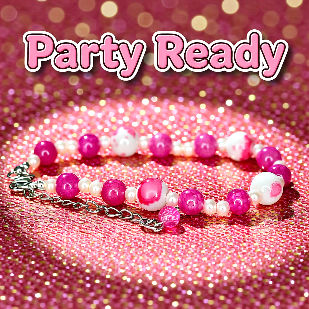 Pink and white beaded bracelet on a pink glittery background with 'Party Ready' text.
