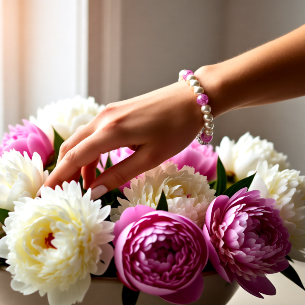 Hand wearing bracelet and touching pink and white flowers 
