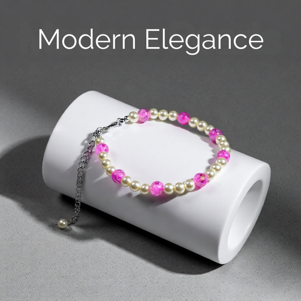 Bracelet with pink and white beads on a gray background with 'Modern Elegance' text.