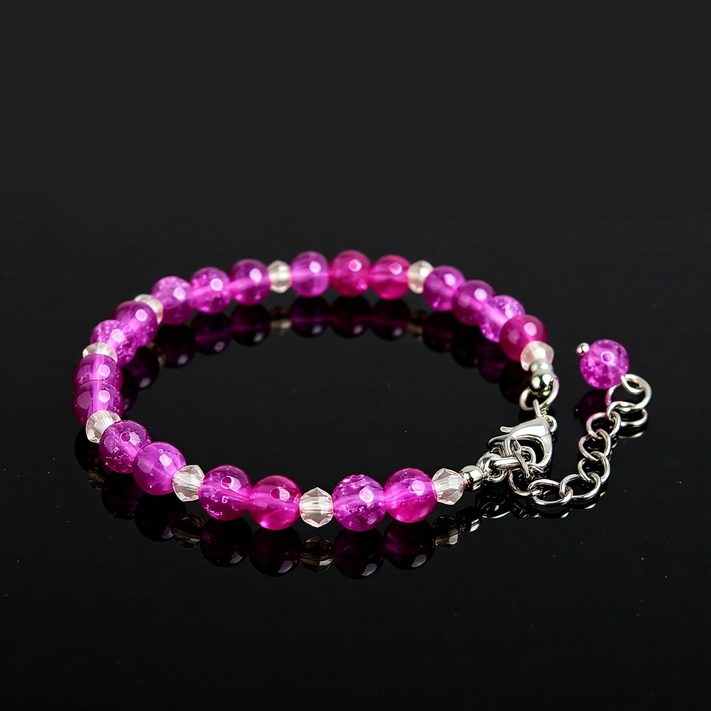 Beaded bracelet with pink and silver beads on a black background