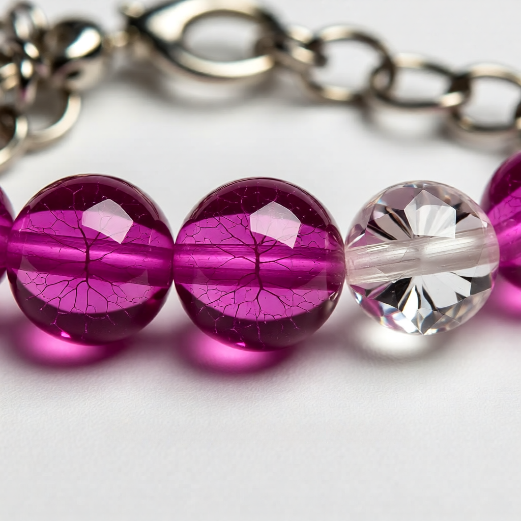 Close-up of a bracelet with purple beads and a clear crystal bead on a light background