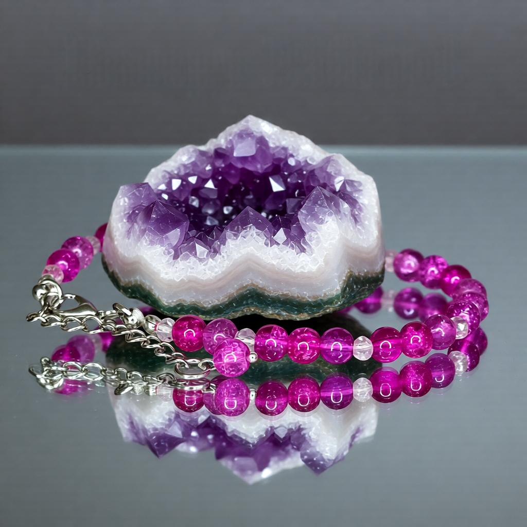 Pink beaded bracelet with silver clasp on a reflective surface with a purple crystal geode.