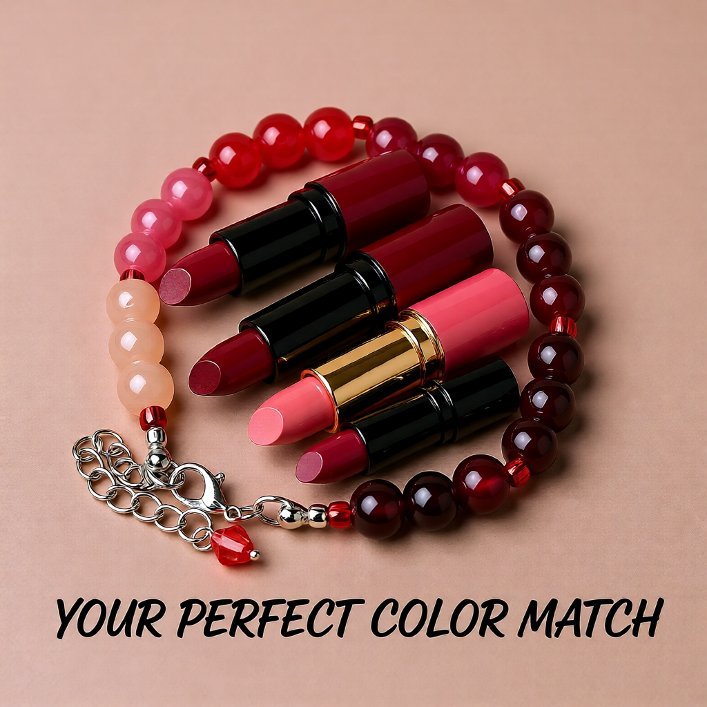 Set of lipsticks and a bracelet on a beige background with text 'Your Perfect Color Match'.