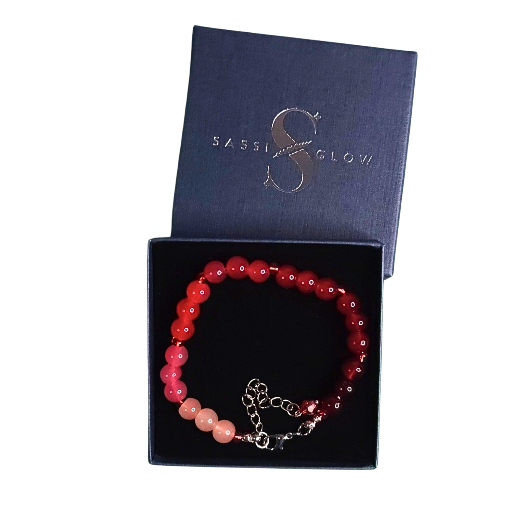 Rainbow Red Glass Bead Bracelet in a Sassiglow gift box