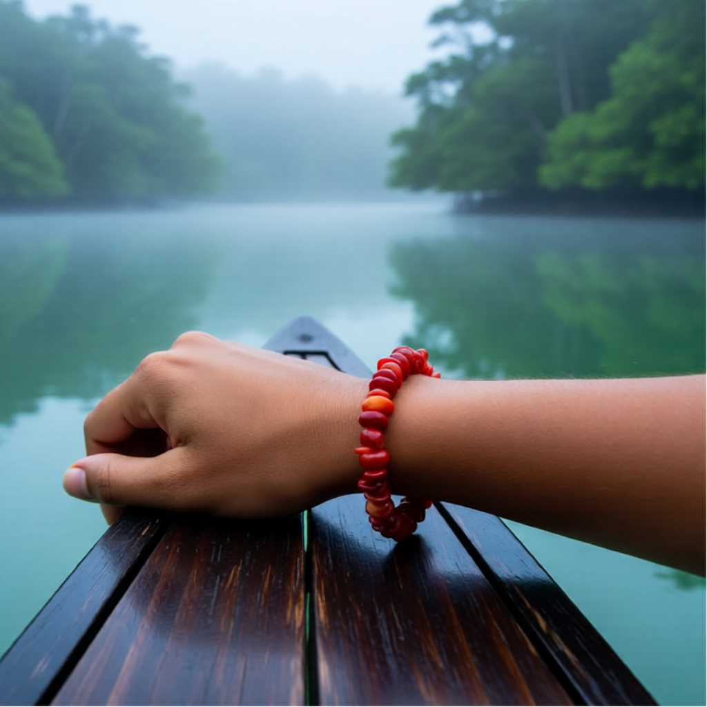 Hand with a red coral bracelet on a wooden railing overlooking a misty lake with trees.