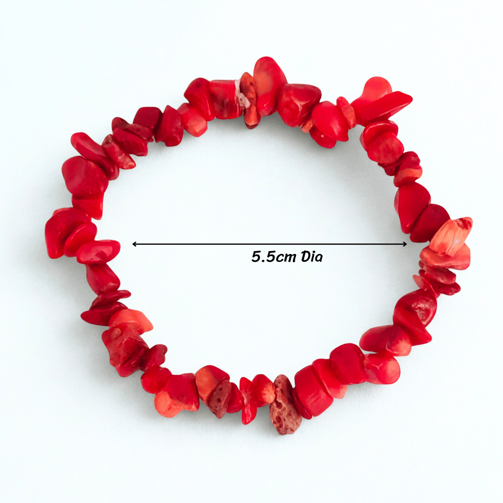 Red coral bracelet with a measurement label on a white background