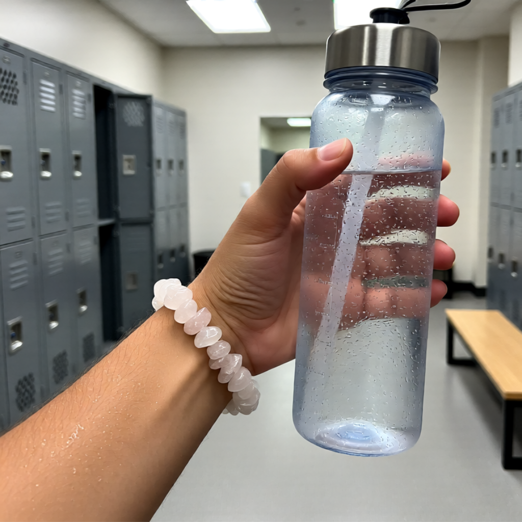 Hand holding a clear water bottle with a silver cap in a locker room setting